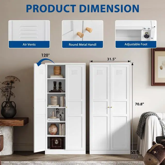 Alt view image 3 of 6 - AFAIF 71" White Metal Storage Cabinet: 2 Doors, 5 Adjustable Shelves, Steel Cabinet for Home, Kitchen, School, Office, or Garage Storage White