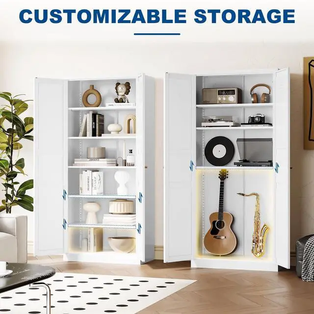 Alt view image 2 of 6 - AFAIF 71" White Metal Storage Cabinet: 2 Doors, 5 Adjustable Shelves, Steel Cabinet for Home, Kitchen, School, Office, or Garage Storage White