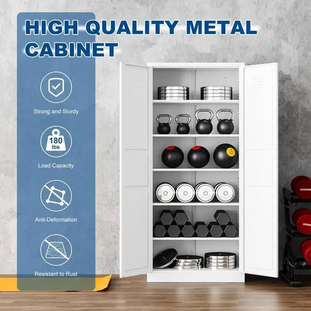 Alt view image 4 of 6 - AFAIF 71" White Metal Storage Cabinet: 2 Doors, 5 Adjustable Shelves, Steel Cabinet for Home, Kitchen, School, Office, or Garage Storage White