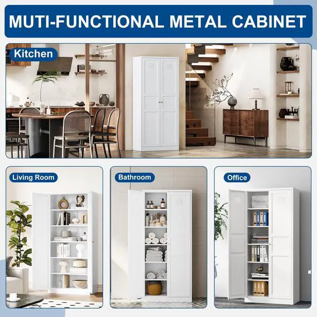 Alt view image 5 of 6 - AFAIF 71" White Metal Storage Cabinet: 2 Doors, 5 Adjustable Shelves, Steel Cabinet for Home, Kitchen, School, Office, or Garage Storage White