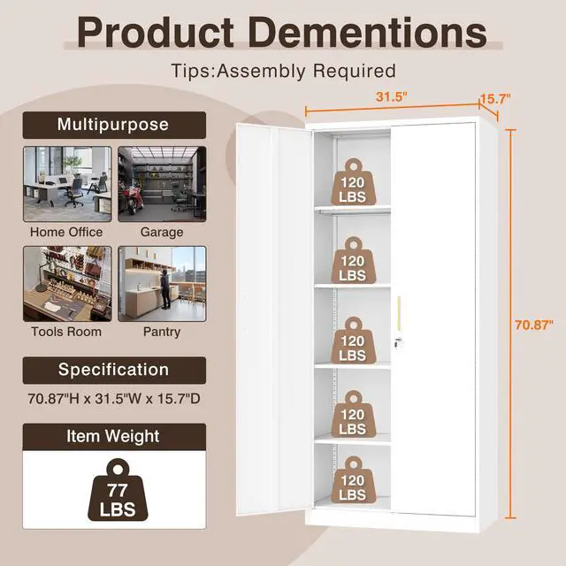Alt view image 2 of 7 - AFAIF 71" Metal Garage Cabinet: 2 Doors, 4 Adjustable Shelves, Locking Storage. Steel Cabinet for Home, Office, Garage, Shop, or School Use.