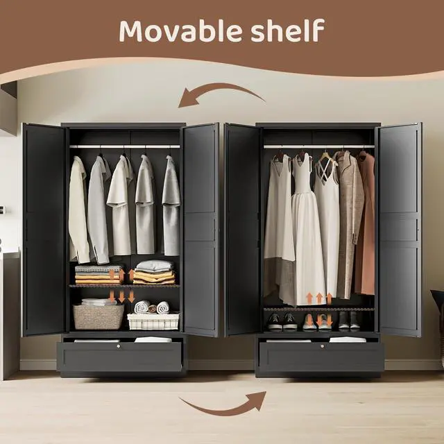 Alt view image 6 of 7 - AFAIF 72" Wardrobe: Metal Armoire with Drawer, 2 Doors, Adjustable Shelves & Hanging Rod. Ideal for Bedroom Storage and Organization.