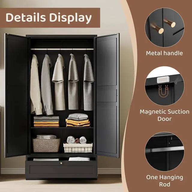 Alt view image 5 of 7 - AFAIF 72" Wardrobe: Metal Armoire with Drawer, 2 Doors, Adjustable Shelves & Hanging Rod. Ideal for Bedroom Storage and Organization.