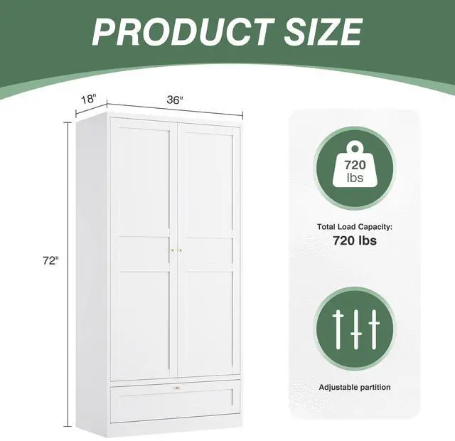 Alt view image 2 of 7 - AFAIF 72" Wardrobe: Metal Armoire with Drawer, 2 Doors, Adjustable Shelves & Hanging Rod. Ideal for Bedroom Storage and Organization. White