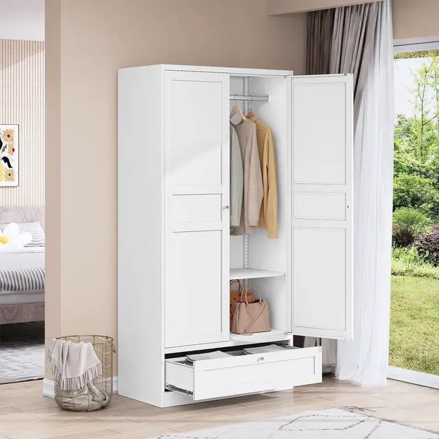 Main image of AFAIF 72" Wardrobe: Metal Armoire with Drawer, 2 Doors, Adjustable Shelves & Hanging Rod. Ideal for Bedroom Storage and Organization. White