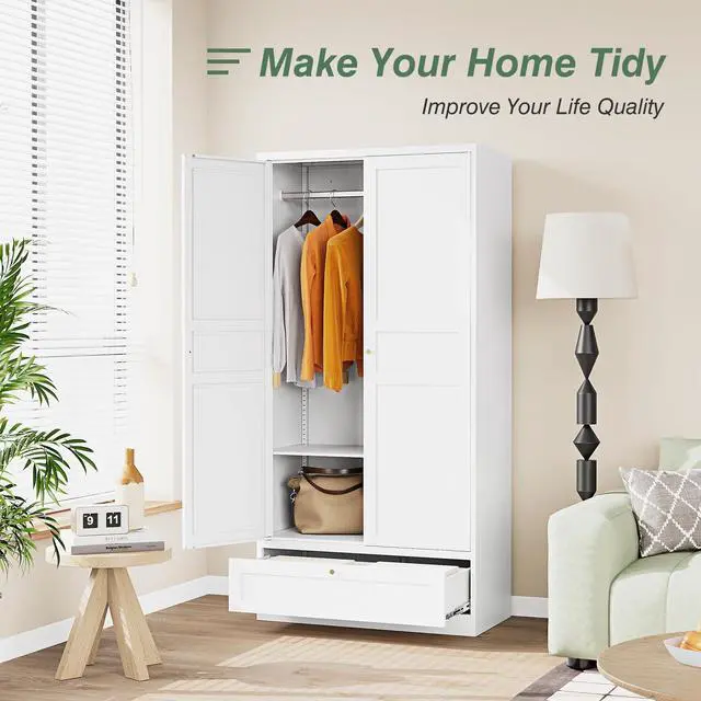 Alt view image 6 of 7 - AFAIF 72" Wardrobe: Metal Armoire with Drawer, 2 Doors, Adjustable Shelves & Hanging Rod. Ideal for Bedroom Storage and Organization. White