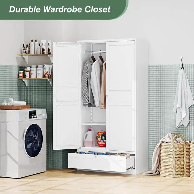 Alt view image 3 of 7 - AFAIF 72" Wardrobe: Metal Armoire with Drawer, 2 Doors, Adjustable Shelves & Hanging Rod. Ideal for Bedroom Storage and Organization. White