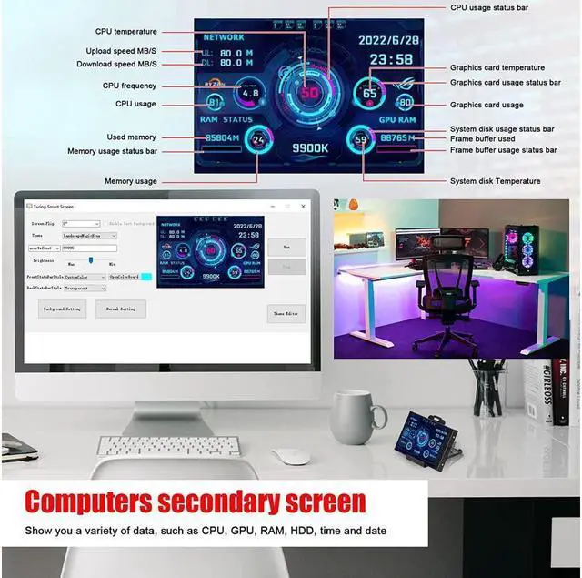 Alt view image 2 of 7 - BONAEVER 3.5 inch IPS USB Mini Screen AIDA64 PC CPU RAM HDD Data Monitor Computer Temperature Display Type-C Sub Screen