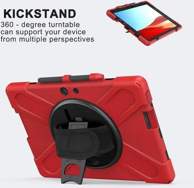 Alt view image 2 of 7 - BONAEVER For Microsoft Surface Pro X 13 inch Case Shockproof Protective Cover with Pen Holder Hand Strap Rotating Stand and Shoulder Strap