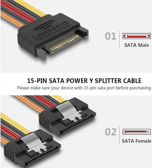 Alt view image 3 of 6 - BONAEVER 15 Pin SATA Power Y-Splitter Cable 8 Inches - 2 Pack