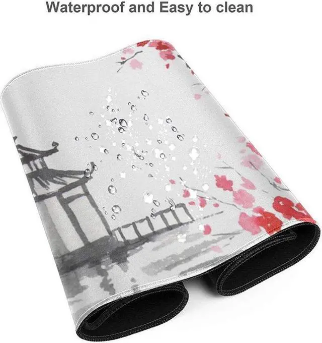 Alt view image 3 of 6 - Black and White Japanese Sumi-E Painting Cherry Blossom Temple Art Gaming Mouse Pad XL Extended Large Mouse Mat Desk Pad Stitched Edges Mousepad Long Non-Slip Rubber Base Mice Pad 31.5 X 11.8 Inch