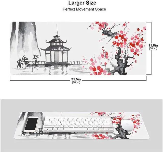 Alt view image 2 of 6 - Black and White Japanese Sumi-E Painting Cherry Blossom Temple Art Gaming Mouse Pad XL Extended Large Mouse Mat Desk Pad Stitched Edges Mousepad Long Non-Slip Rubber Base Mice Pad 31.5 X 11.8 Inch
