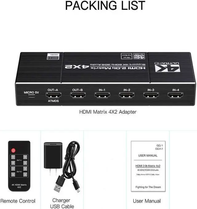 Alt view image 5 of 6 - 4K60Hz HDMI-compatible To Matrix 4x2 Switch Splitter Support HDCP 2.2 IR Remote Control Switch 4x2 Spdif 4K 4x2 Matrix Switch