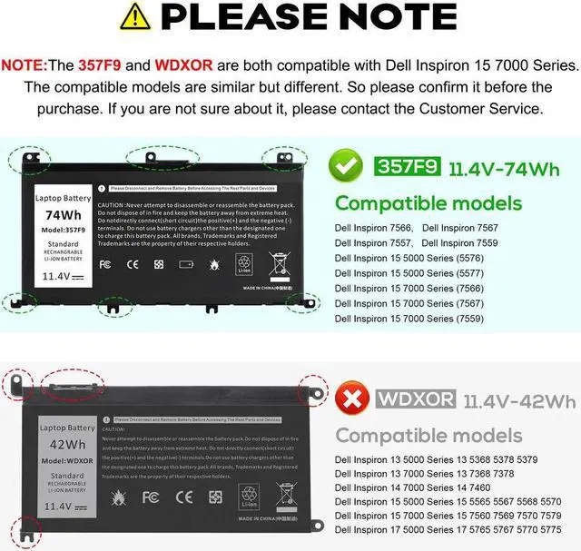 Alt view image 2 of 5 - 74Wh 357F9 Battery for Dell Inspiron 15 5576 5577 7566 7567 7557 7559