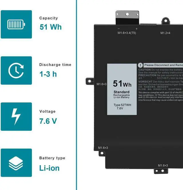 Alt view image 2 of 3 - 51Wh 7.6V Battery for Dell 52TWH MM6M8 0MM6M8 XX3T7 0XX3T7