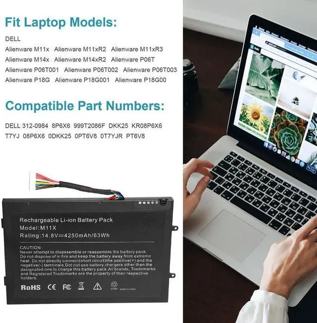 Alt view image 3 of 5 - 63W Battery for Dell Alienware M11x M11x R2 M11x R3 M14x M14x R2