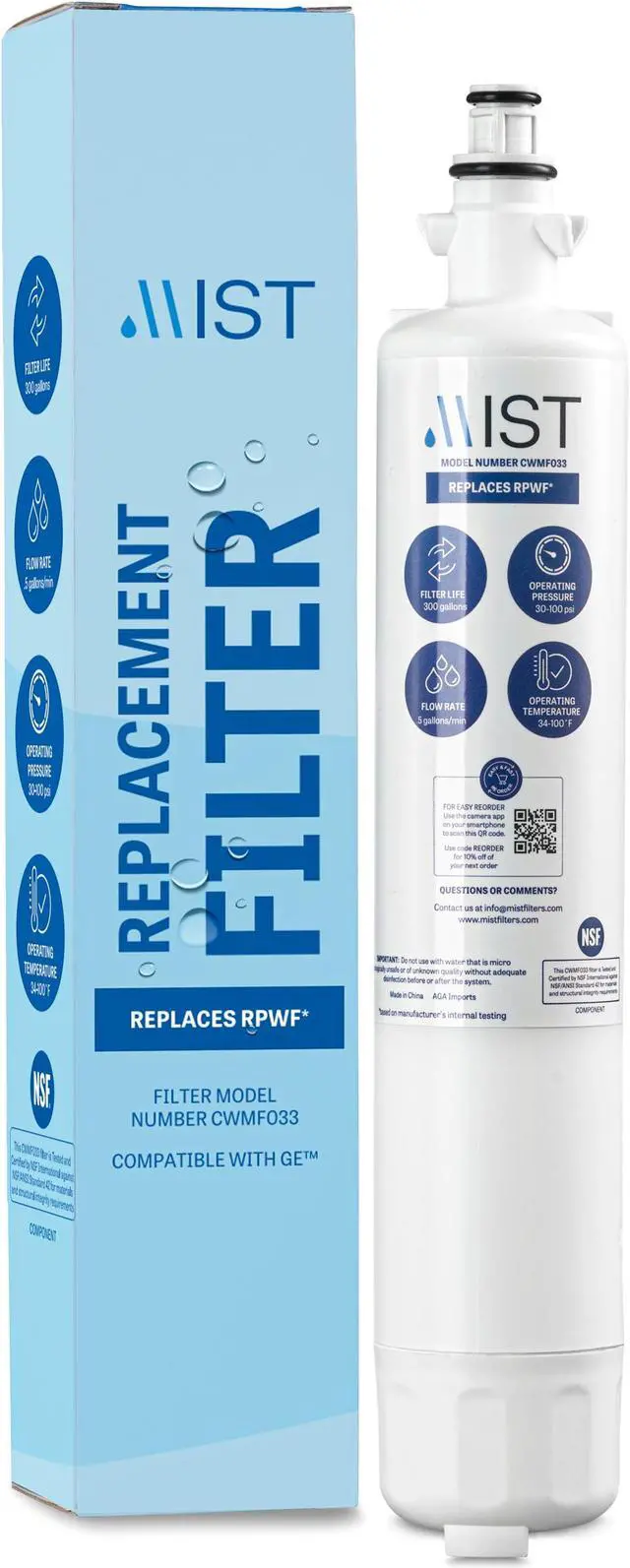 Main image of Mist RPWF Replacement for GE RPWF (Not RPWFE), RWF1063, RWF3600A, WSG-4, DWF-36, R-3600, MPF15350, OPFG3-RF300, BCF77, Refrigerator Water Filter, 1 Pack