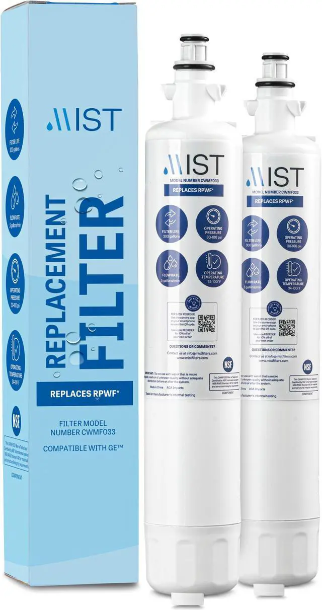 Main image of Mist RPWF Replacement for GE RPWF (Not RPWFE), RWF1063, RWF3600A, WSG-4, DWF-36, R-3600, MPF15350, OPFG3-RF300, BCF77, Refrigerator Water Filter, 2 Pack