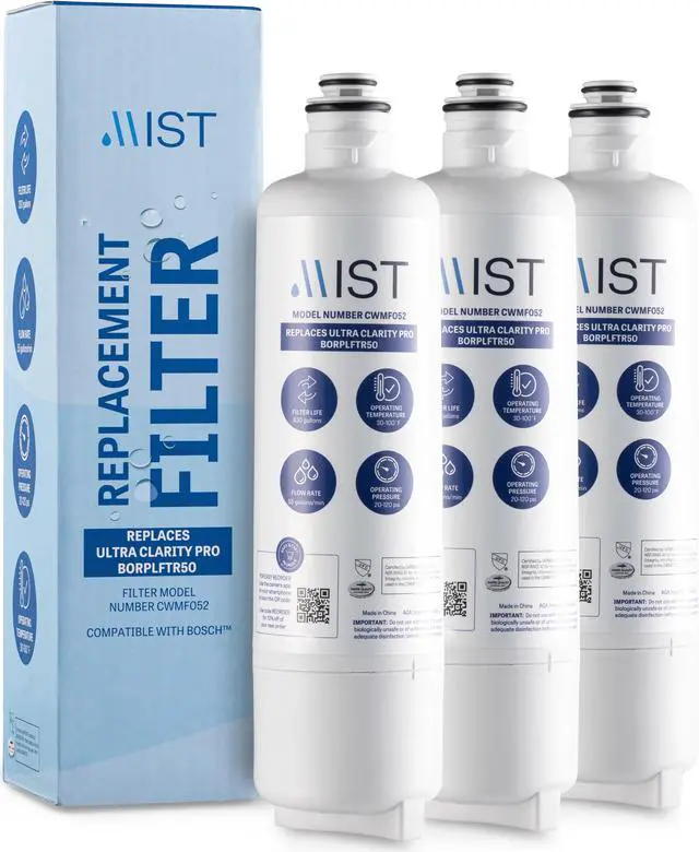 Main image of Mist Bosch BORPLFTR50 Water Filter Replacement Ultra Clarity Pro Compatible with BORPLFTR55, 12033030, 12028325, 11025825,11032531, 17005582, 12036454, WFC100MF, WFS200MF, RA450022, REPLFLTR55, 3 Pack