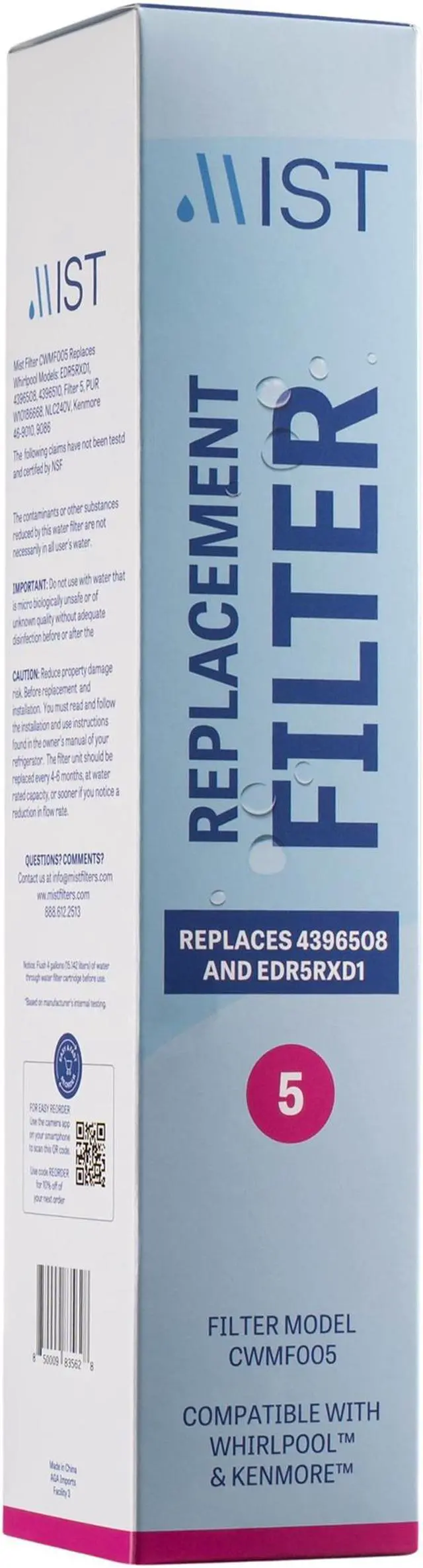 Alt view image 4 of 7 - Mist 4396508 & EDR5RXD1 Water Filter Replacement, Compatible Whirlpool Models: 4396508, 4396510, Filter 5, PUR W10186668, NLC240V, Kenmore 46-9010, 9086
