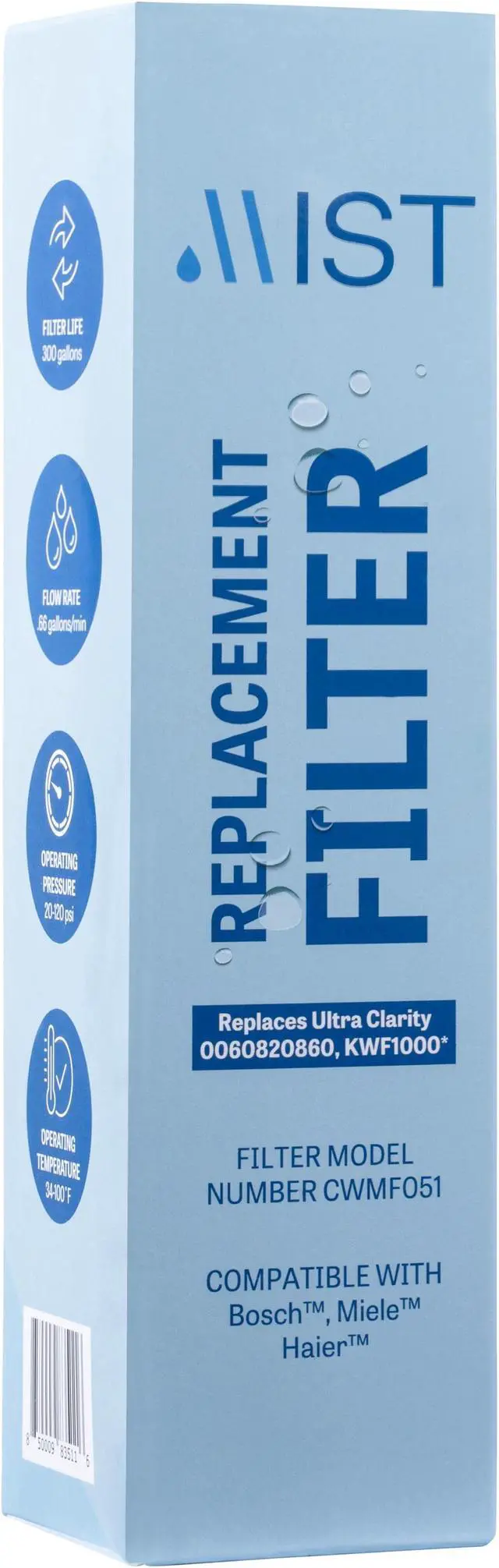 Main image of Mist Ultra Clarity Replacement Compatible With: Bosch Ultra Clarity, 644845, 9000077104, 9000194412, Haier 0060820860, 0060218744, Miele KWF1000 Refrigerator Water Filter, 1 Pack