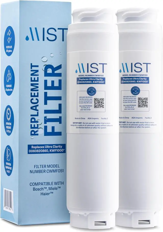 Main image of Mist Ultra Clarity Replacement Compatible With: Bosch Ultra Clarity, 644845, 9000077104, 9000194412, Haier 0060820860, 0060218744, Miele KWF1000 Refrigerator Water Filter, 2 Pack