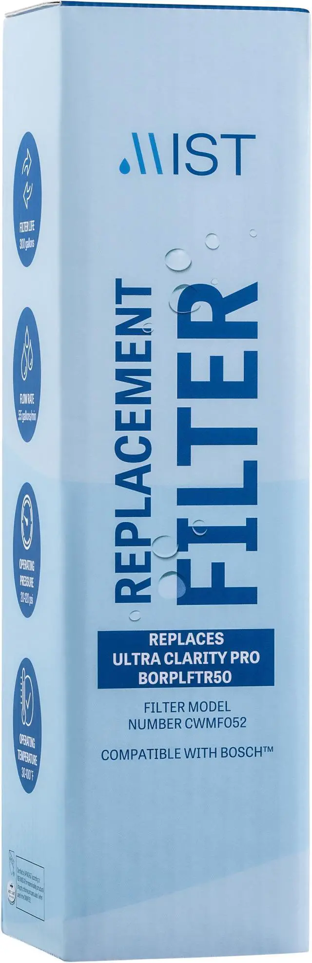 Alt view image 3 of 7 - Mist Bosch BORPLFTR50 Water Filter Replacement Ultra Clarity Pro Compatible with BORPLFTR55, 12033030, 12028325, 11025825,11032531, 17005582, 12036454, WFC100MF, WFS200MF, RA450022, REPLFLTR55, 1 Pack