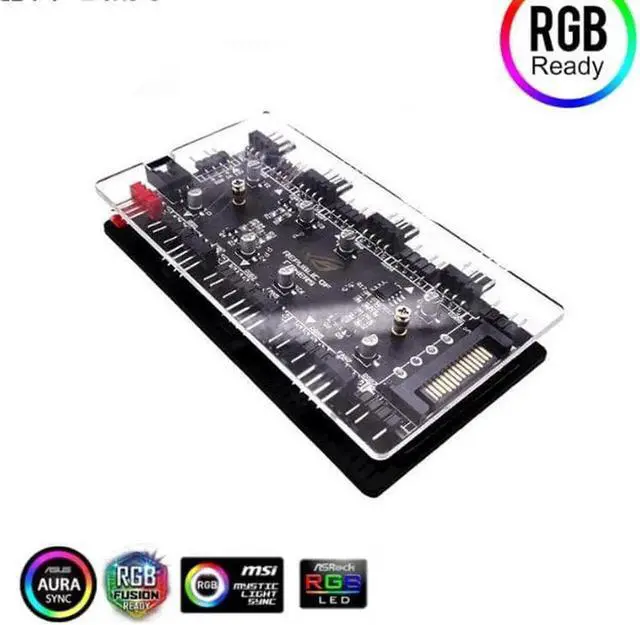 2-in-1 PWM & ARGB 5V Addressable RGB Controller Hub 8 Ports 12V 4Pin Fan & 5V 3Pin AURA Adapter with PMMA Case and Magnetic Standoff for Cooling Radiator & ASUS/MSI LED Strip - SATA Powered