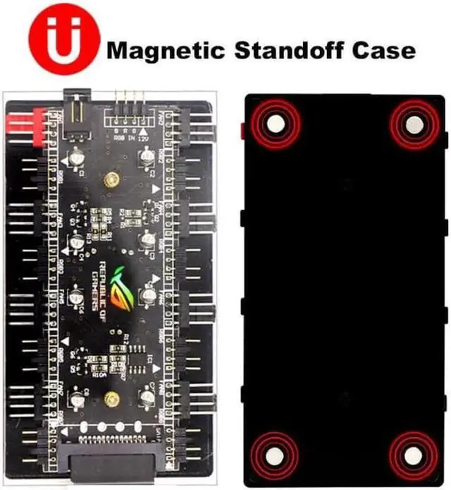 Alt view image 4 of 6 - 2-in-1 PWM & ARGB 5V Addressable RGB Controller Hub 8 Ports 12V 4Pin Fan & 5V 3Pin AURA Adapter with PMMA Case and Magnetic Standoff for Cooling Radiator & ASUS/MSI LED Strip - SATA Powered