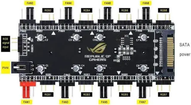Alt view image 2 of 6 - 2-in-1 PWM & ARGB 5V Addressable RGB Controller Hub 8 Ports 12V 4Pin Fan & 5V 3Pin AURA Adapter with PMMA Case and Magnetic Standoff for Cooling Radiator & ASUS/MSI LED Strip - SATA Powered