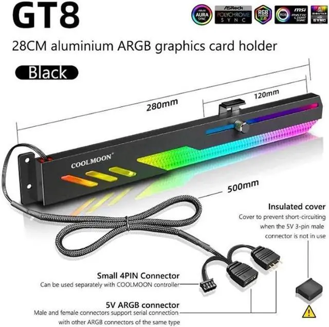 Alt view image 4 of 7 - COOLMOON GT8 Graphics Card Bracket 5V ARGB Synchronous Horizontal Chassis Decoration GPU Support VGA Holder Video Card Stand( White)