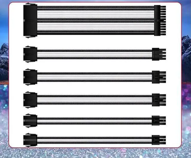 Main image of Mod Sleeved Cable, Black & white Power Supply Cable Extension Kit, 24PIN ATX, 4+4 PIN EPS, 6 PIN PCIE,Dual 6+2 PIN PCIE(11.81"300mm)