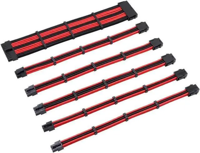 Main image of Mod Sleeved Cable, Black & Red Power Supply Cable Extension Kit, 24PIN ATX, 4+4 PIN EPS, 6 PIN PCIE,Dual 6+2 PIN PCIE(11.81"300mm)