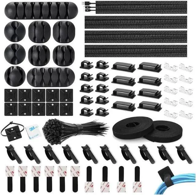 Main image of 173 Pcs Cable Management Organizer Kit, Include 4 Cable Sleeve Split with 47 Self Adhesive Cable Clips Holder, 10 Cable Ties, 10 Adhesive Wall Cable Tie, 100 Fasten Cable Ties, 2 x Roll Cable Ties