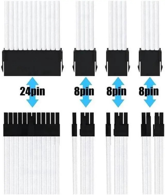 Alt view image 2 of 6 - Mod Sleeved Cable, White Power Supply Cable Extension Kit, 30CM long with cable comb ,1x24PIN ATX, 1x4+4 PIN EPS,2x Dual 6+2 PIN PCIE