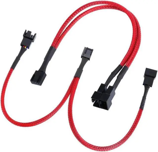 Main image of 2 Pack PWM Fan Splitter Cable 4 Pin Sleeved Braided Y Splitter Computer PC Fan Power Cable 1 to 2 Converter, Extension Cable, Red