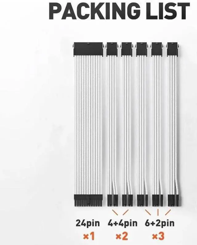 Alt view image 4 of 5 - 18AWG Pro Power Supply Sleeved Cable, White Power Supply Extension Cable Dual EPS Kit, 1x24-PIN/ 2x8-PORT (4+4) M/B,3x8-PORT (6+2) PCI-E, 30cm Length