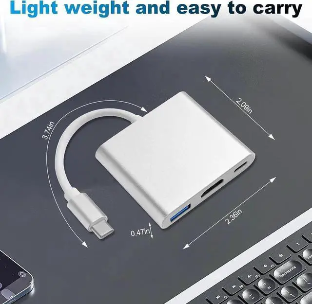 Alt view image 6 of 6 - USB C to HDMI Adapter Type C to HDMI Multiport Adapter with 4K HDMI Output3 in 1 USBC to 4K HDMI USB3.0 and USB C Charging Port USB-C Digital AV Multiport Adapter for TV and Projector