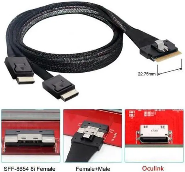 Alt view image 7 of 7 - FVH PCI-E Ultraport Slimline SAS Slim 4.0 SFF-8654 8i 74pin to Dual Oculink SFF-8611 Cable 50cm PCI-Express