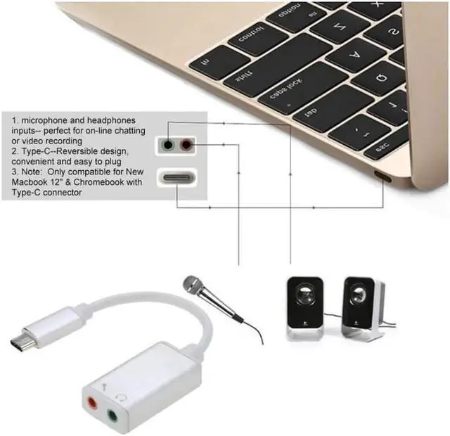 Alt view image 2 of 4 - USB 3.1 Type C USB-C to 3.5mm Audio Speaker Microphone Female Earphone Headset Adapter Cable Cord for New Macbook 12" Chromebook - Silver