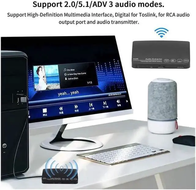 Alt view image 6 of 7 - HDMI Splitter, HDMI Audio Extractor Switch, Bluetooth 5.0/4K/60HZ Analog Stereo R/L Audio Extractor Compatible with Dolby HD/DTS HD/Dolby Atoms/Dolby AC3/DTS/LPCM (HDCN0052M1)