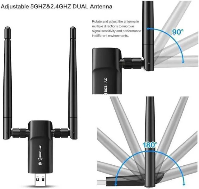 Alt view image 3 of 6 - Wireless USB WiFi Adapter PC - Nineplus 1200Mbps Dual 5Dbi Antennas 5G/2.4G WiFi Adapter for Desktop PC Laptop Windows11/10/8/7/Vista/XP, Wireless Adapter for Desktop Computer Network Adapters