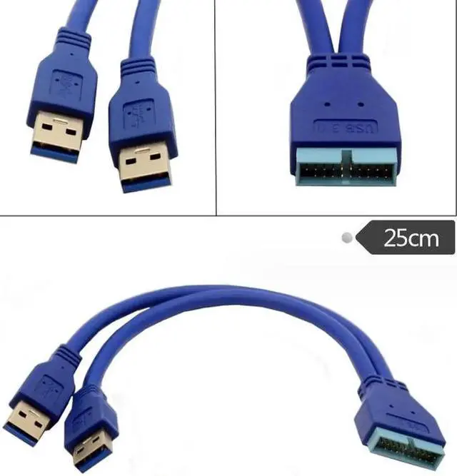 Main image of Dual 2 Port USB 3.0 Type A Male to 20 Pin Motherboard Header Male Cable Cord Adapter USB Extension cable 0.25m
