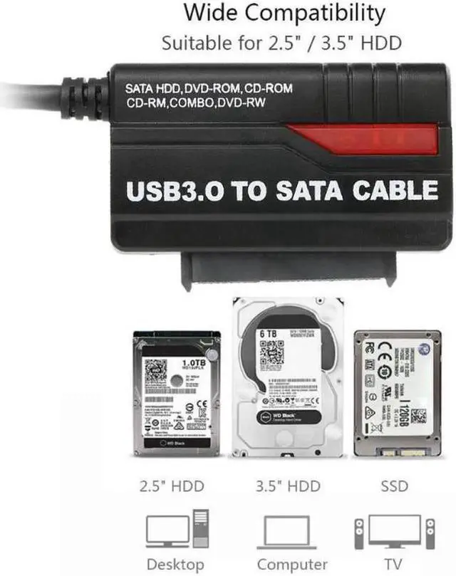 Alt view image 3 of 6 - USB 3.0 to SATA Adapter Hard Drive Converter Cable for 2.5" 3.5" SSD HDD with Power Supply Cable 12V 2A for PC Laptop desktop