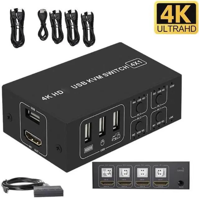 Main image of KVM Switch HDMI 4 Port Box,4 in 1 Out, 4 Computers Share Keyboard Mouse Printer Monitor Support HUD 4K@60Hz