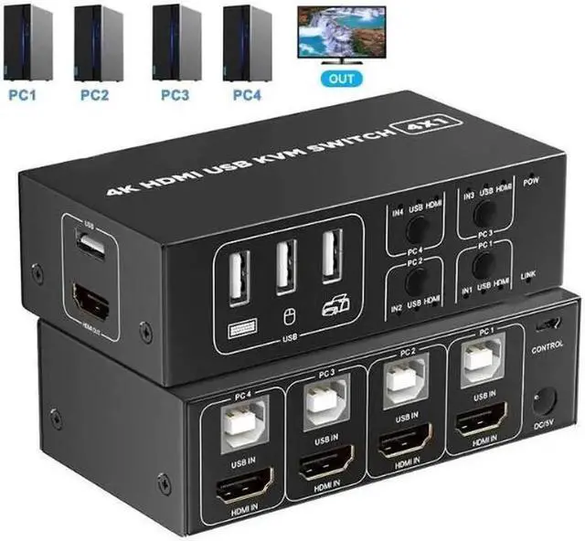 Alt view image 5 of 5 - KVM Switch HDMI 4 Port Box,4 in 1 Out, 4 Computers Share Keyboard Mouse Printer Monitor Support HUD 4K@60Hz