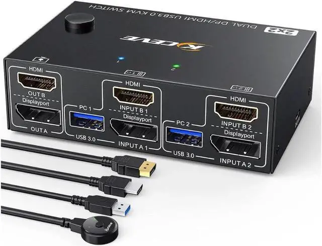 Main image of USB 3.0 Dual Monitor KVM Switch HDMI+Displayport 4K@60Hz,2K@120Hz,Camgeet 2 Monitors 2 Computers KVM Switch for 2 Computer Share 2 Display and 4 USB3.0 Devices.Wired Remote and 4 Cables Included