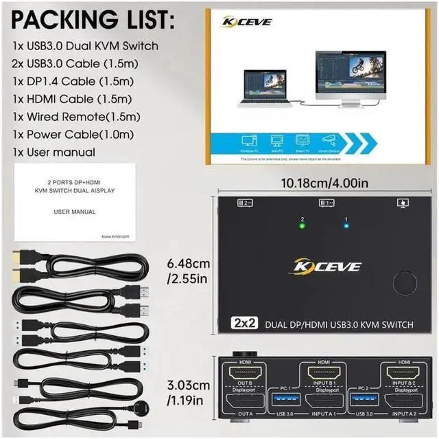 Alt view image 7 of 7 - USB 3.0 Dual Monitor KVM Switch HDMI+Displayport 4K@60Hz,2K@120Hz,Camgeet 2 Monitors 2 Computers KVM Switch for 2 Computer Share 2 Display and 4 USB3.0 Devices.Wired Remote and 4 Cables Included