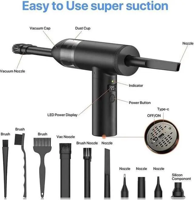 Alt view image 3 of 7 - Compressed Air Duster, 102000RPM Electric Air Duster & Vacuum Cleaner 2 in 1 Rechargeable 7800mAh Cordless, Keyboard and Computer Cleaner, Replaces Compressed Air Cans (Black)