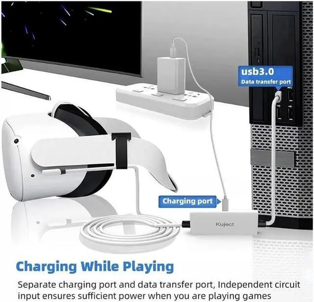 Alt view image 4 of 7 - Design 16FT Link Cable for Oculus Quest 2, with Separate Charging Port for Ultra-Durable Power, USB 3.0 Type A to C Cable for VR Headset Accessories and Gaming PC-White